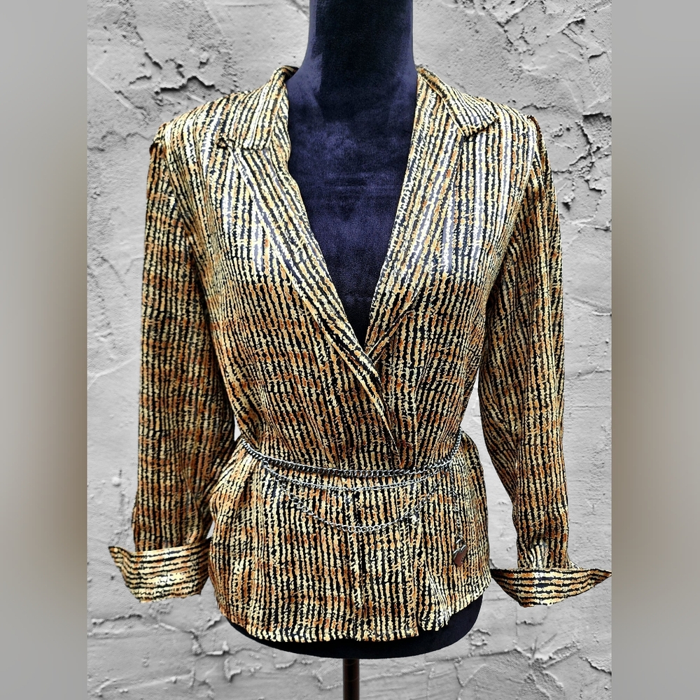 Satin Thin Stripe Deep Plunge Blouse By Yves St. Clair Petites *Needs Repair*